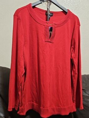 Rafaella Bright Red Long-Sleeve Knit Top with Notch Neck